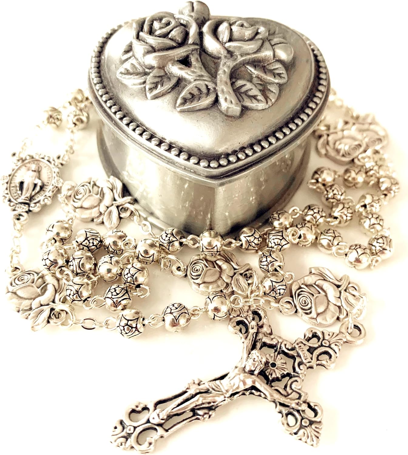 Elegant Handmade Silver Rose Beads Catholic Rosary Gift Box
