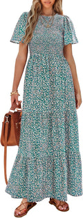 Women's Flutter Short Sleeve Smocked Floral Maxi Dress - Flowy 2025