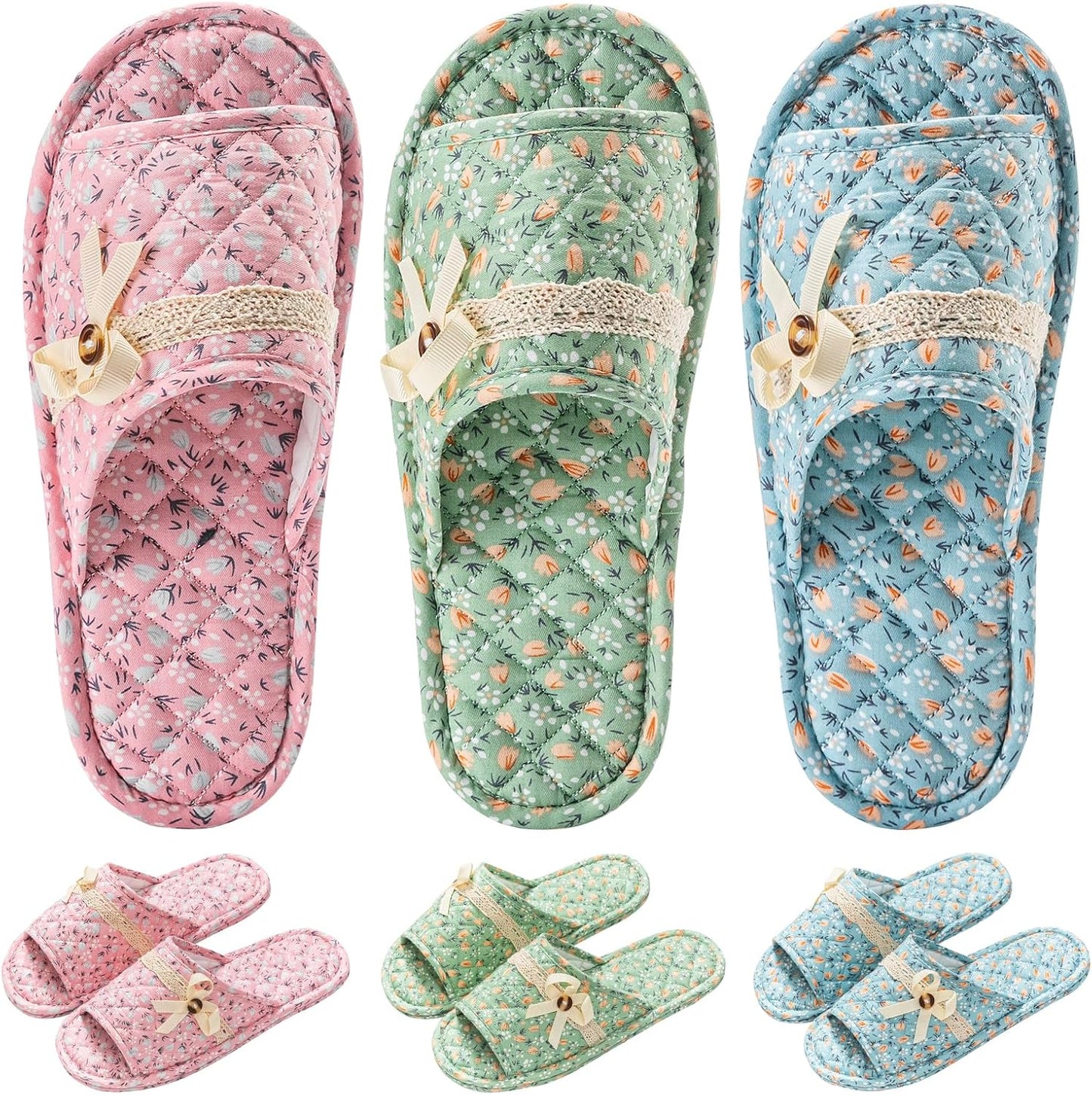 3 Pairs Floral Cotton Indoor Slippers for Women - Washable & Quiet