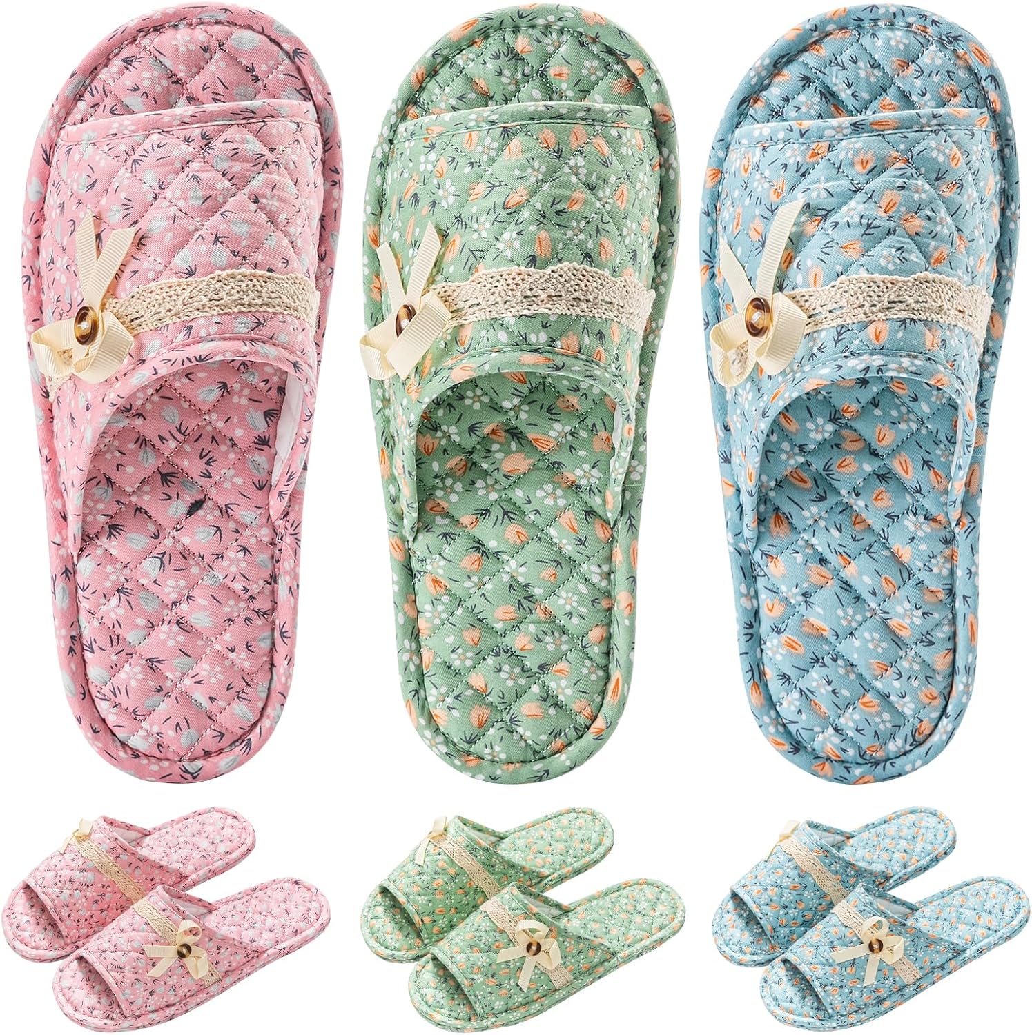 3 Pairs Floral Cotton Indoor Slippers for Women - Washable & Quiet
