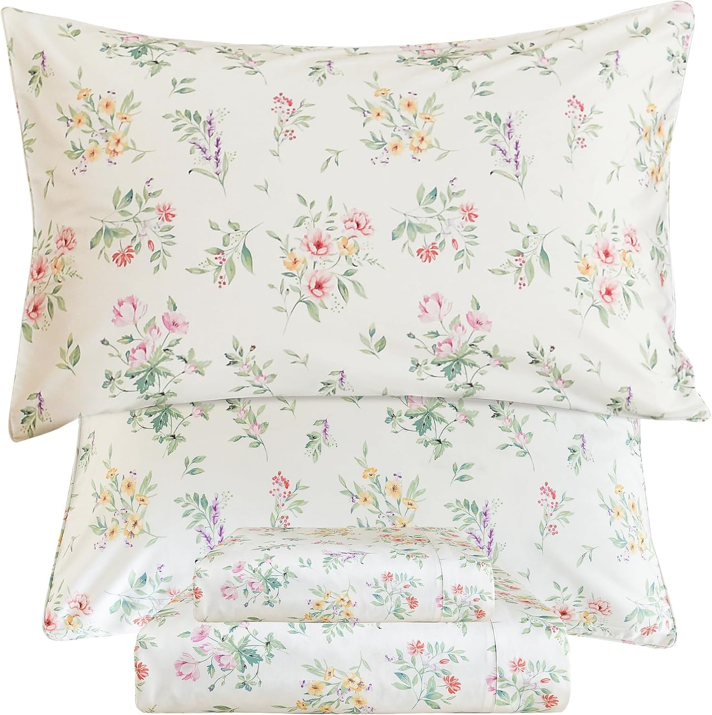 QSH Green Floral Egyptian Cotton Sheets King Size Set for Comfort