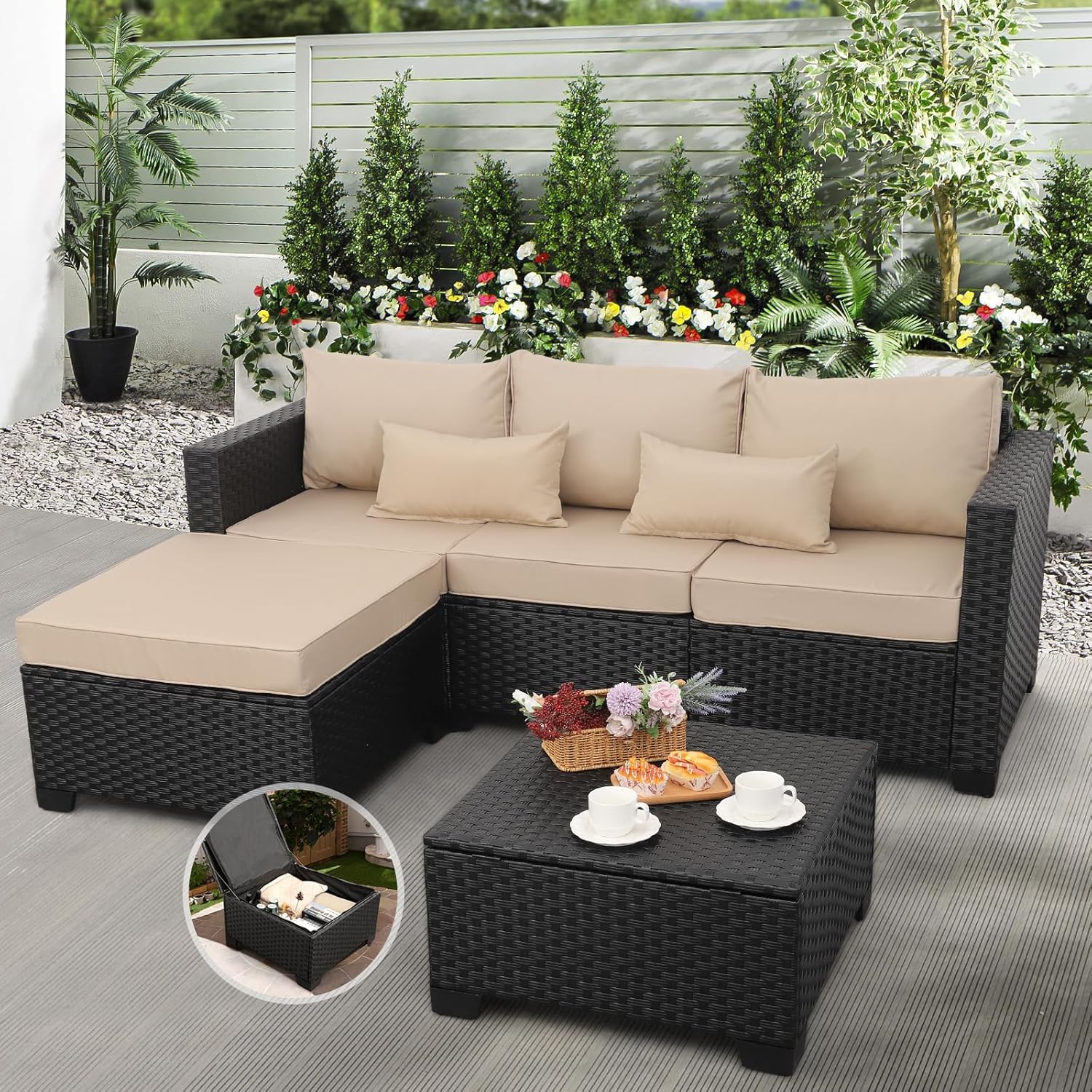 Outdoor Furniture Set 3 Pieces Wicker Patio Couch with Table