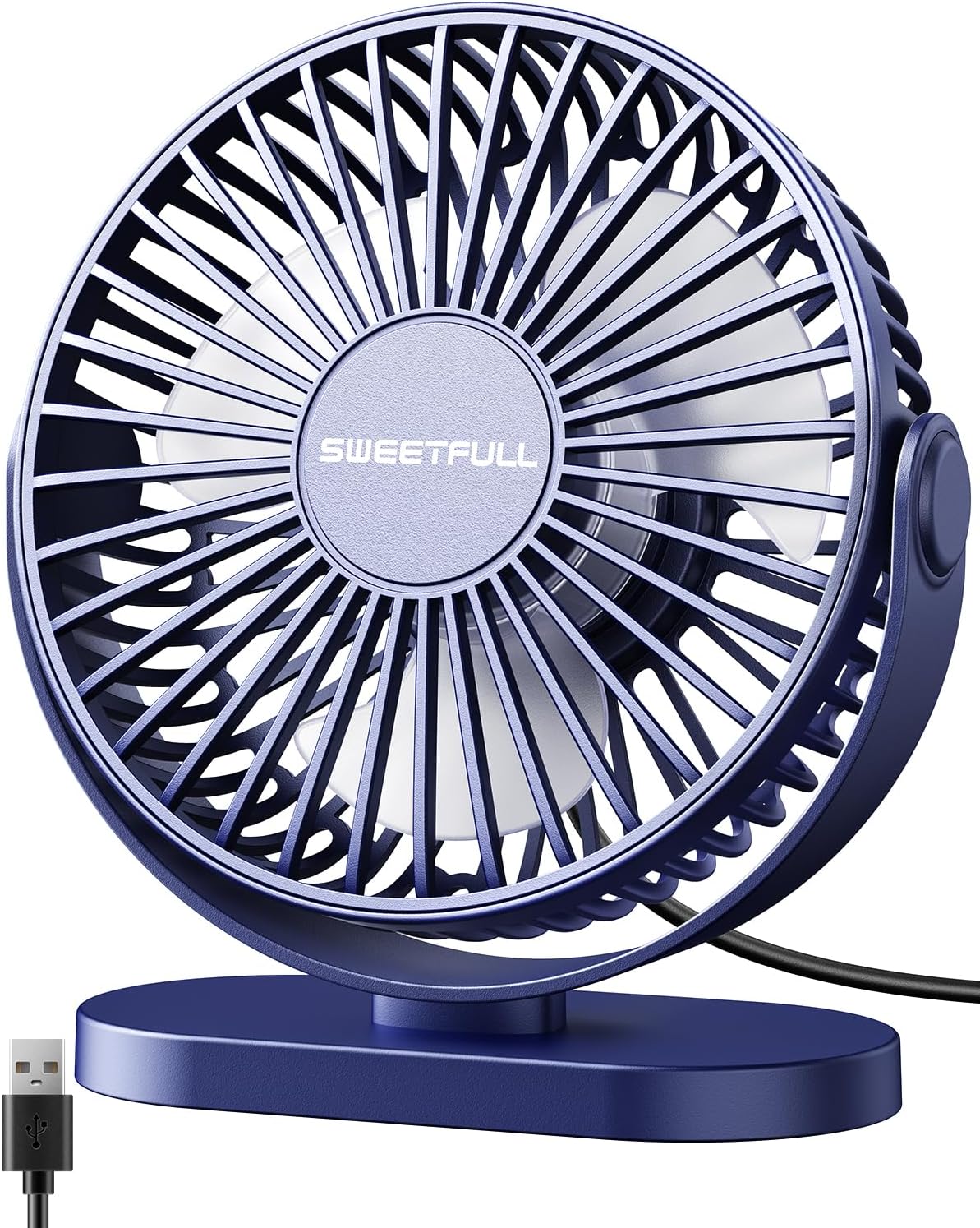 Quiet Portable USB Desk Fan - 3 Speeds, 360 Rotation, 5 Inch Blue