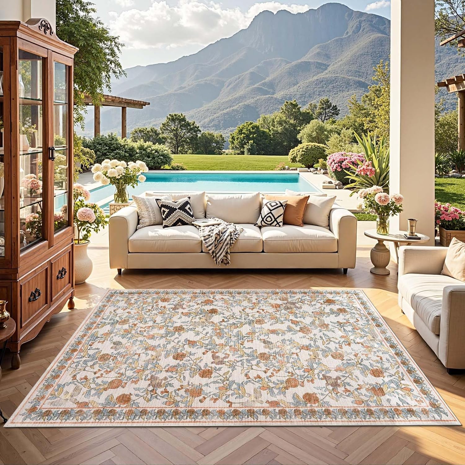 Vintage Floral Area Rug 6x9 Washable Soft Non-Slip Carpet