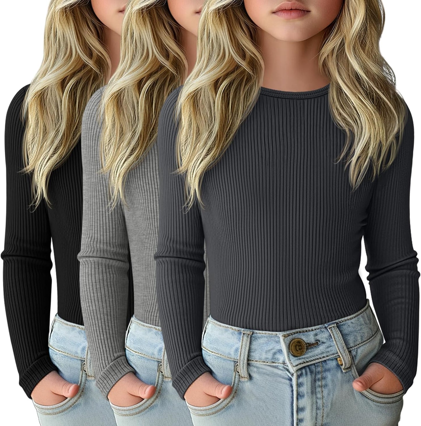 3 Pack Girls Long Sleeve Shirts for Casual Layering and Comfort