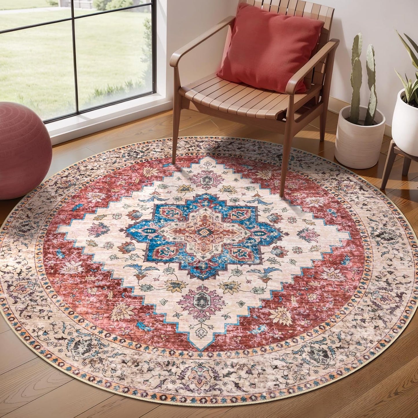 Ciicool Boho Area Rug 4x4ft Round Vintage Non-Slip Carpet