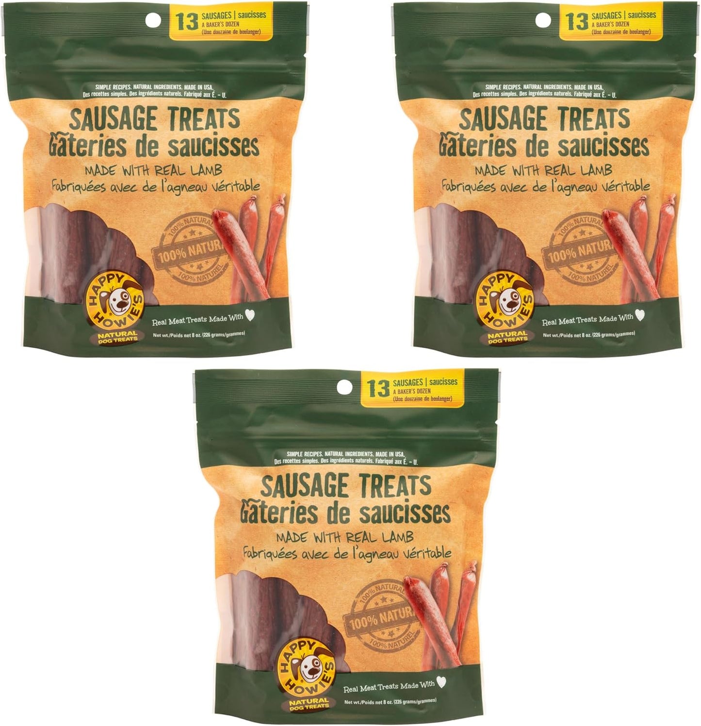 Happy Howie's Sausage Treats - Healthy Lamb Dog Treats Pack of 3