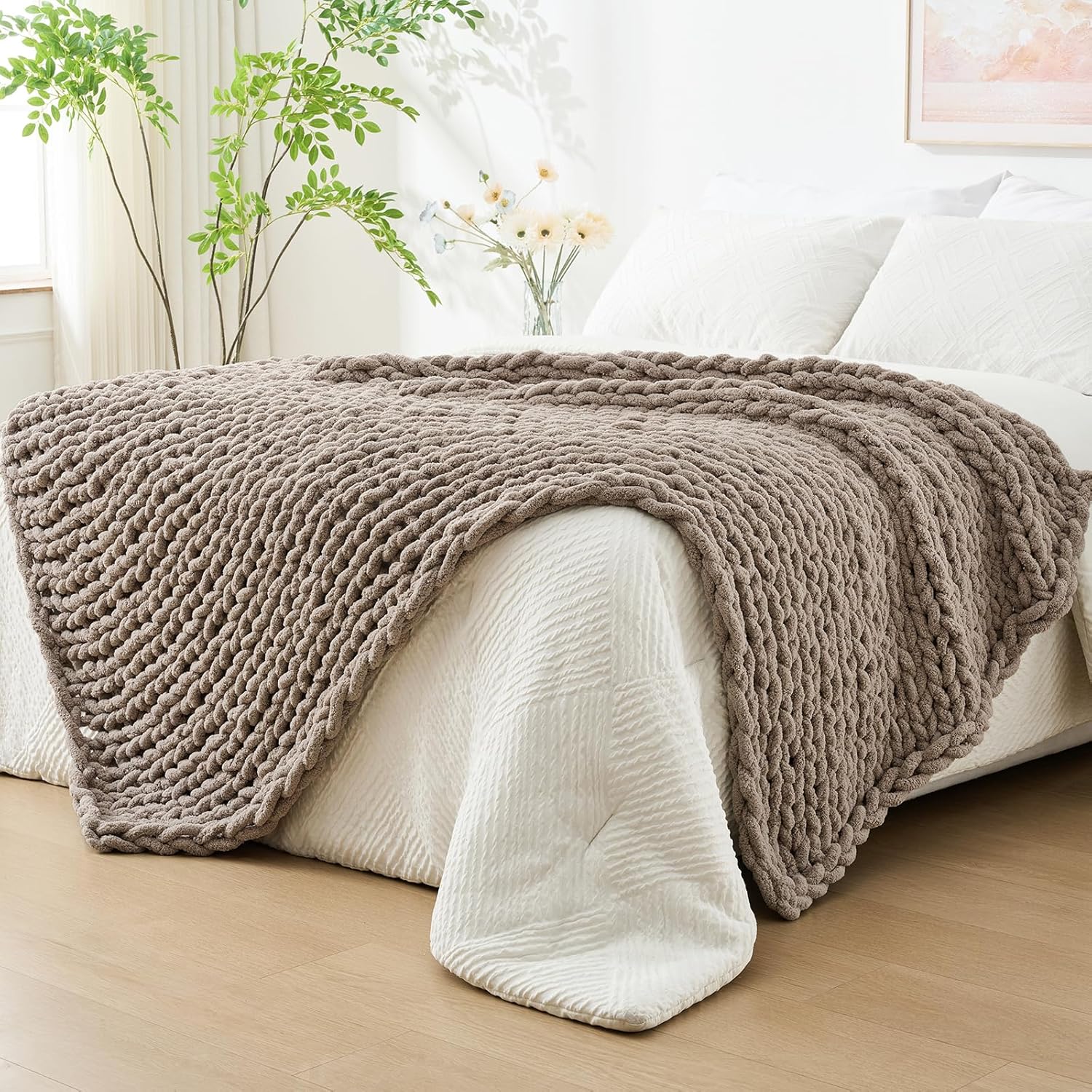 Bigacogo Chunky Knit Throw Blanket for Couch, Cozy Soft Design