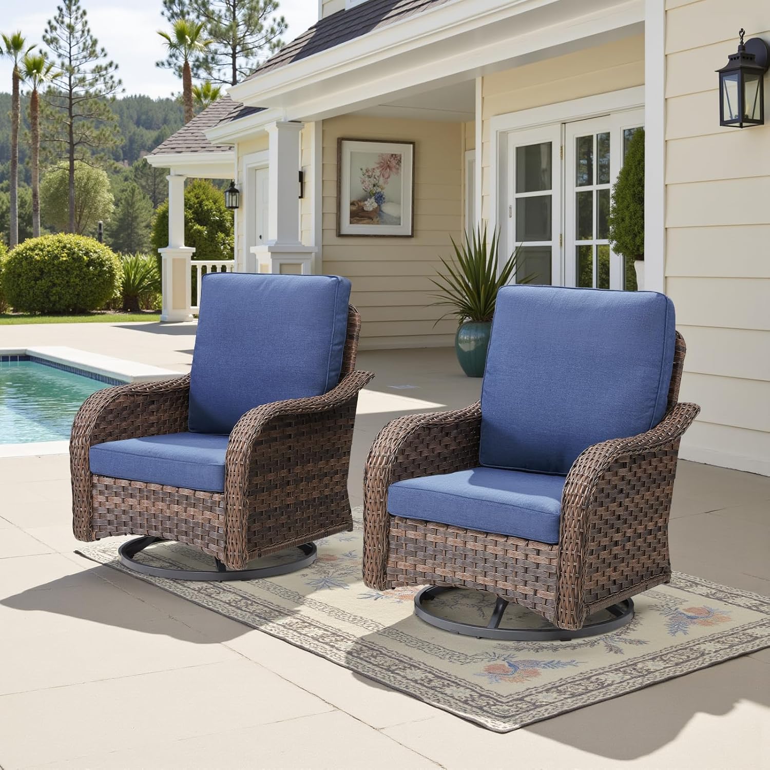 Swivel Rocker Rattan Chairs - Set of 2, Blue