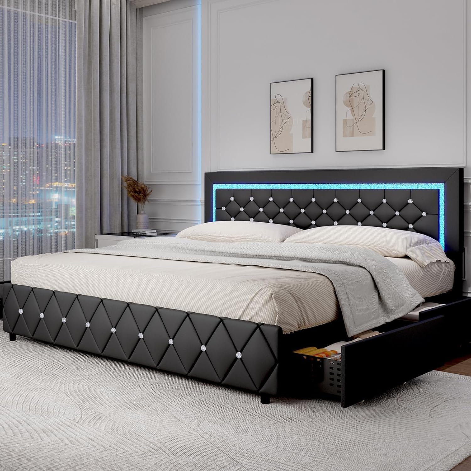 BarnFurin King Size Bed Frame with LED Lights and Storage Drawers