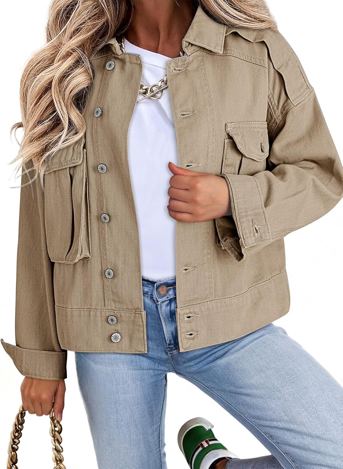 Dokotoo Women's Cargo Jean Jacket - Trendy Cropped Fashion Coat