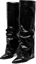 Knee High Wide Calf Chunky High Heel Boots - Fashion Fold Over