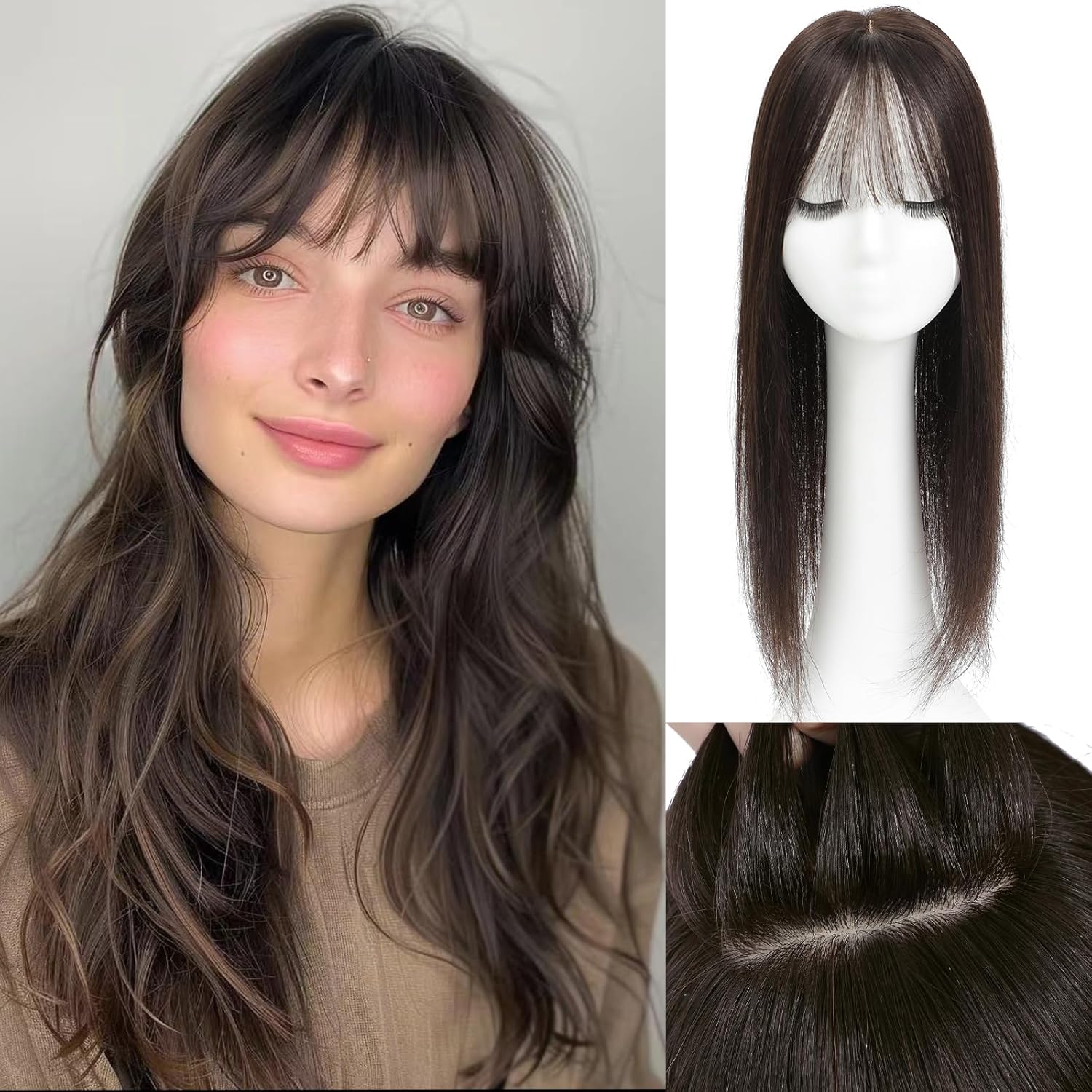 Real Human Hair Toppers for Women - 20in Lace Base with Bangs