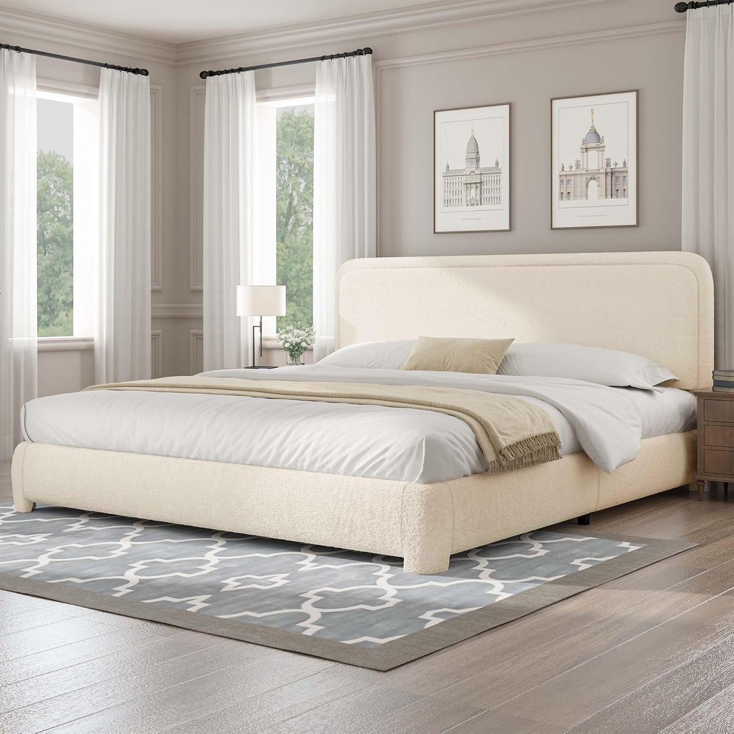 BarnFurin Boucle Upholstered King Bed Frame with Soft Headboard
