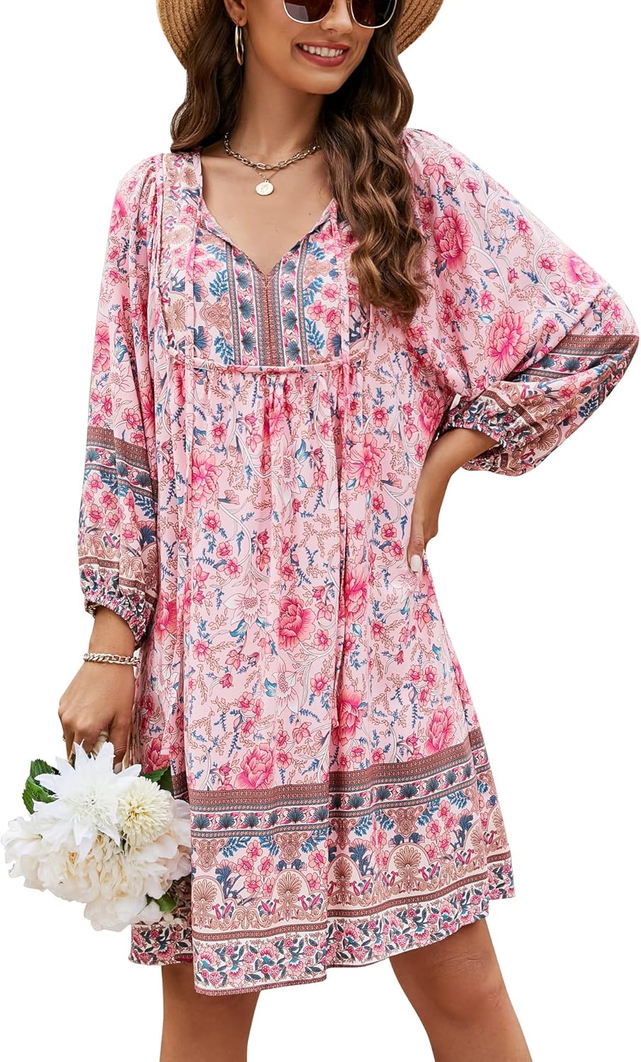 Bluetime Women Casual Summer Dress Boho V Neck Floral Print