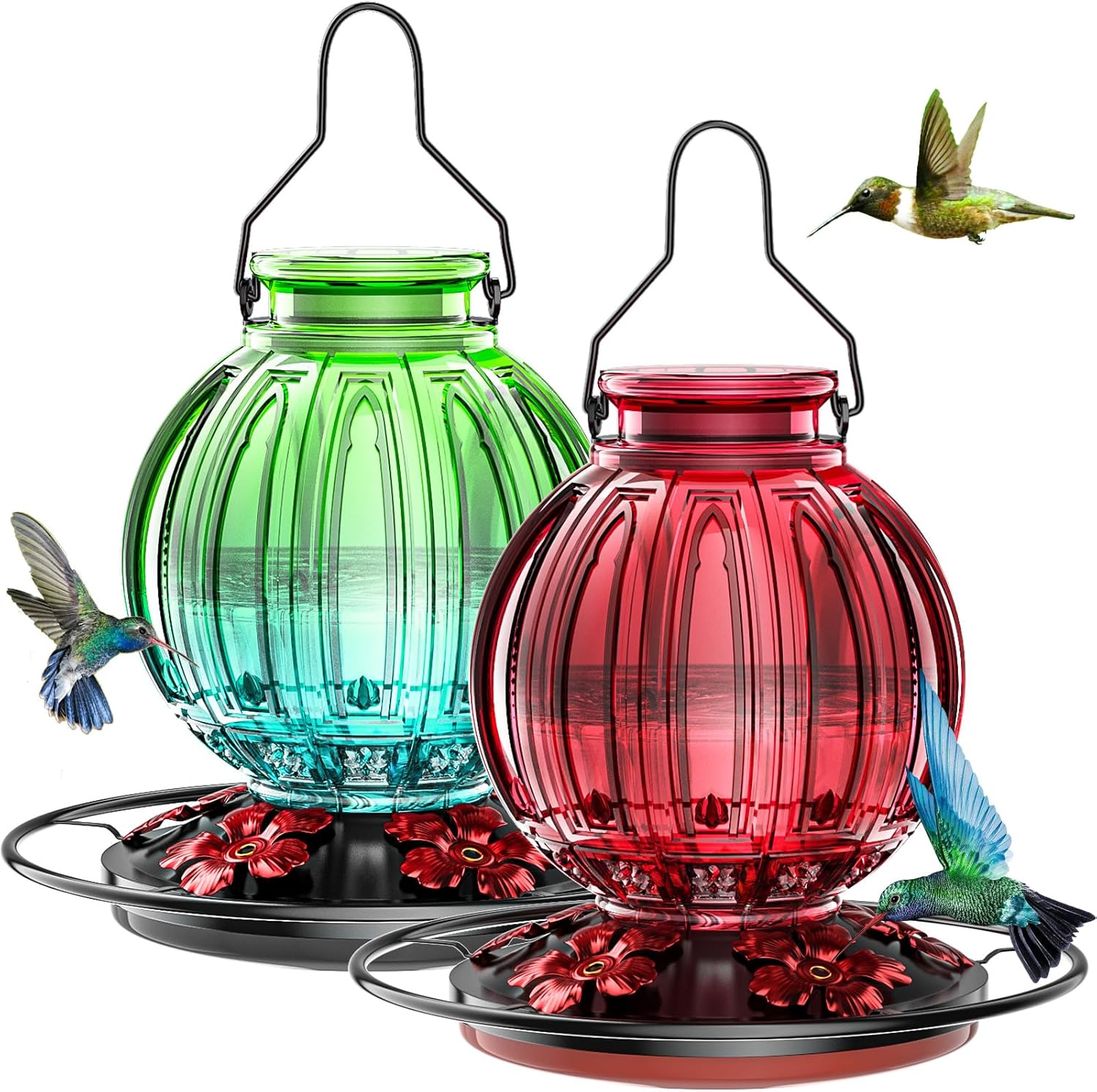 2 Pack Glass Hummingbird Feeder for Outdoors with Perch & Ports