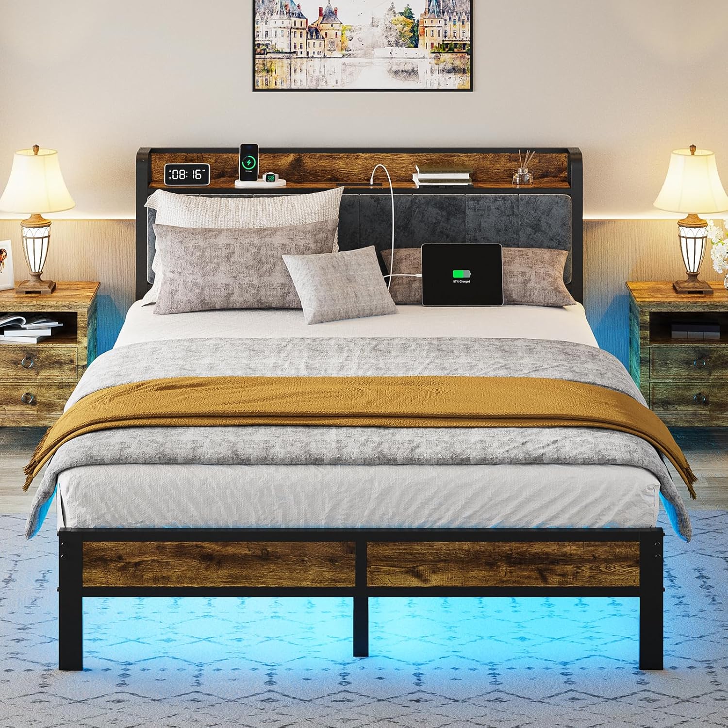 Queen Bed Frame with Smart LED Lights and USB Charging Station