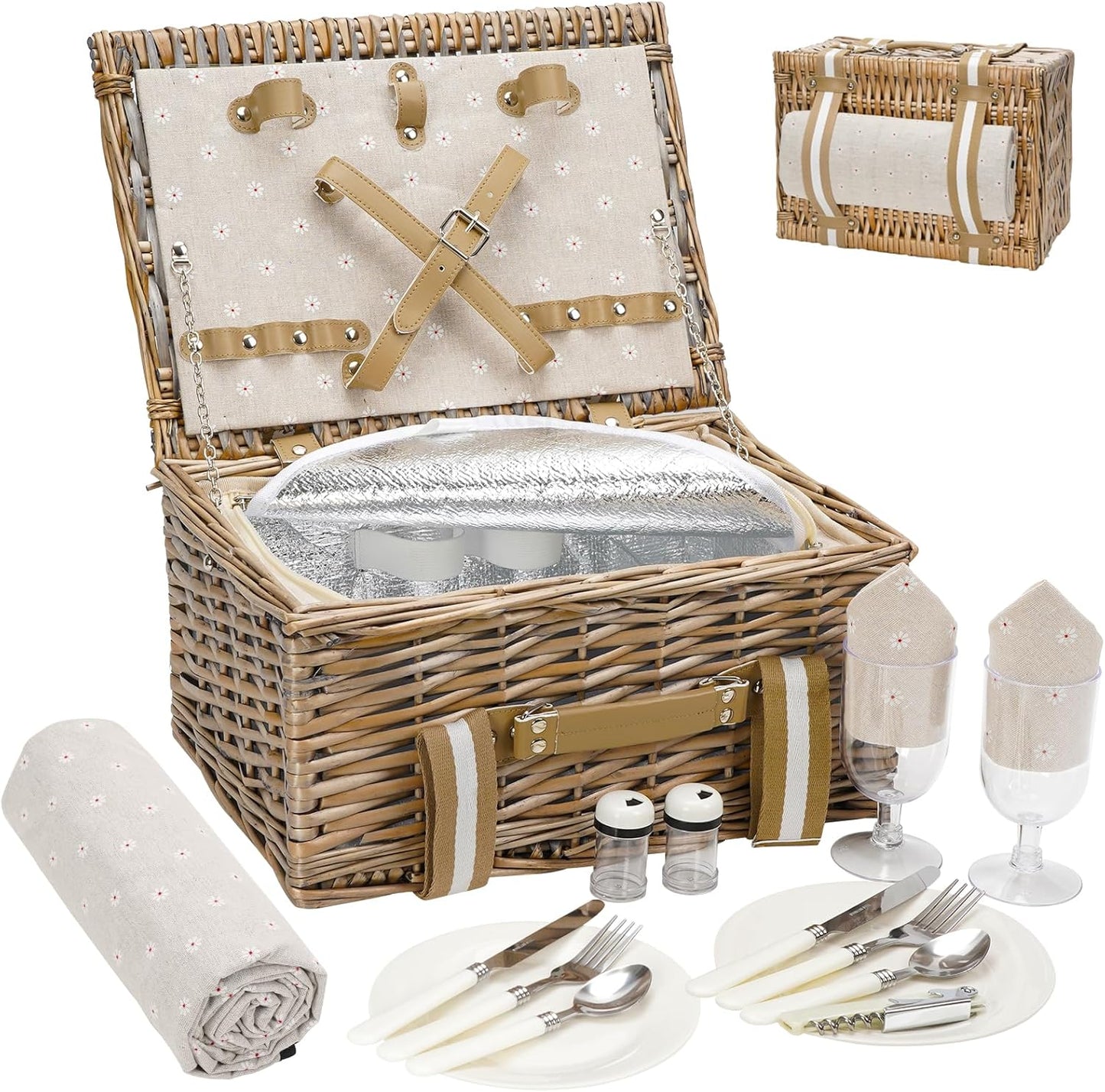 G GOOD GAIN Picnic Basket for 2 with Insulated Cooler Set