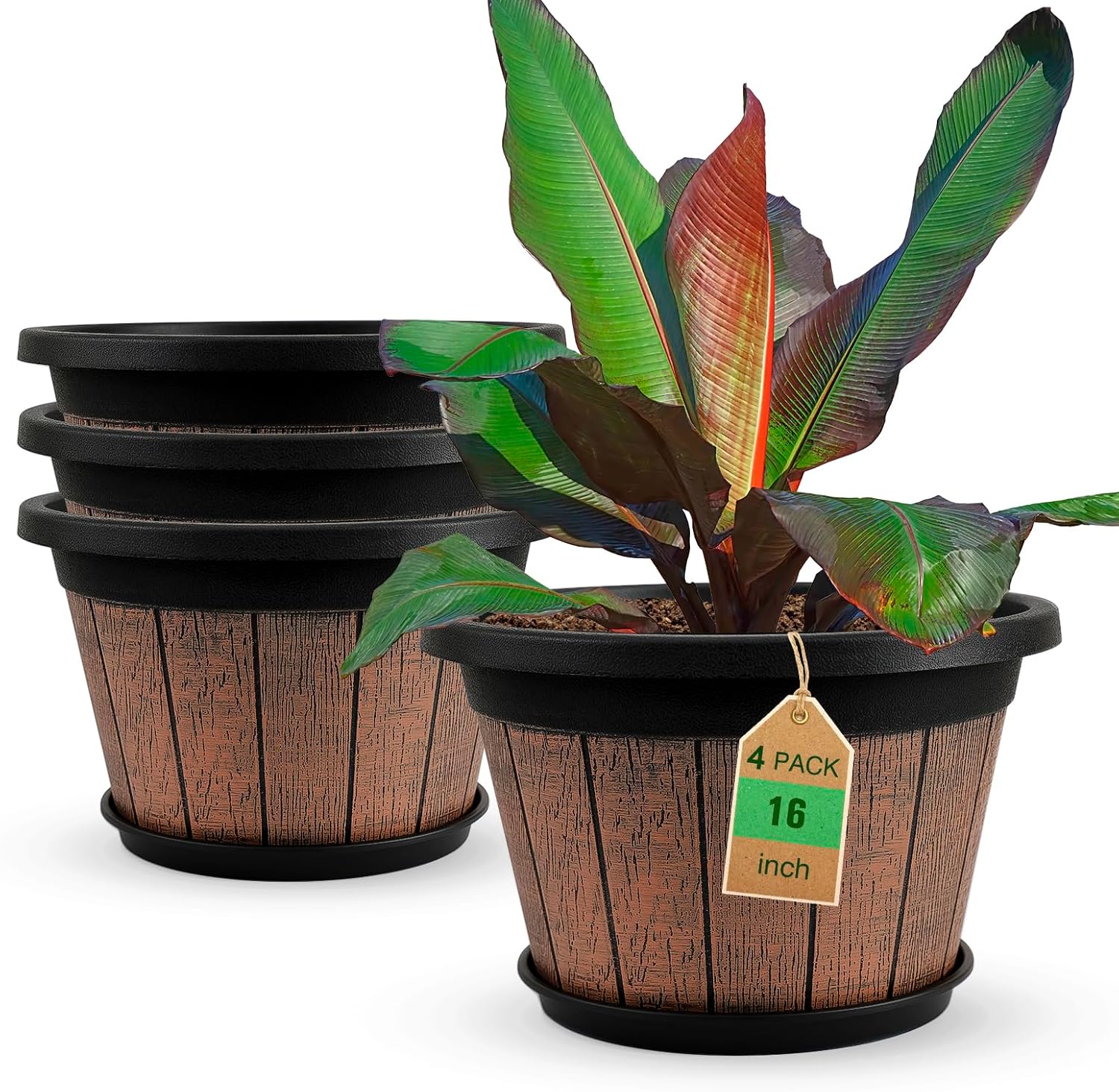Quarut Large 16 Inch Plant Pots - Vintage Whiskey Barrel Design