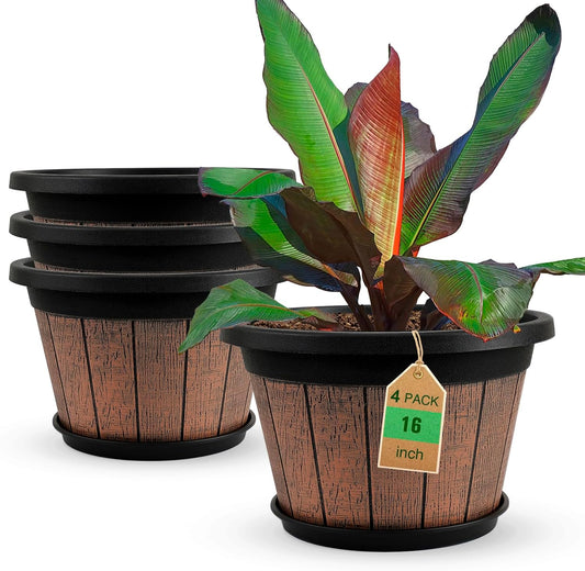 Quarut Large 16 Inch Plant Pots - Vintage Whiskey Barrel Design
