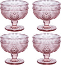 Vintage Sunflower Embossed Glass Footed Dessert Bowl Set - Pink (Set