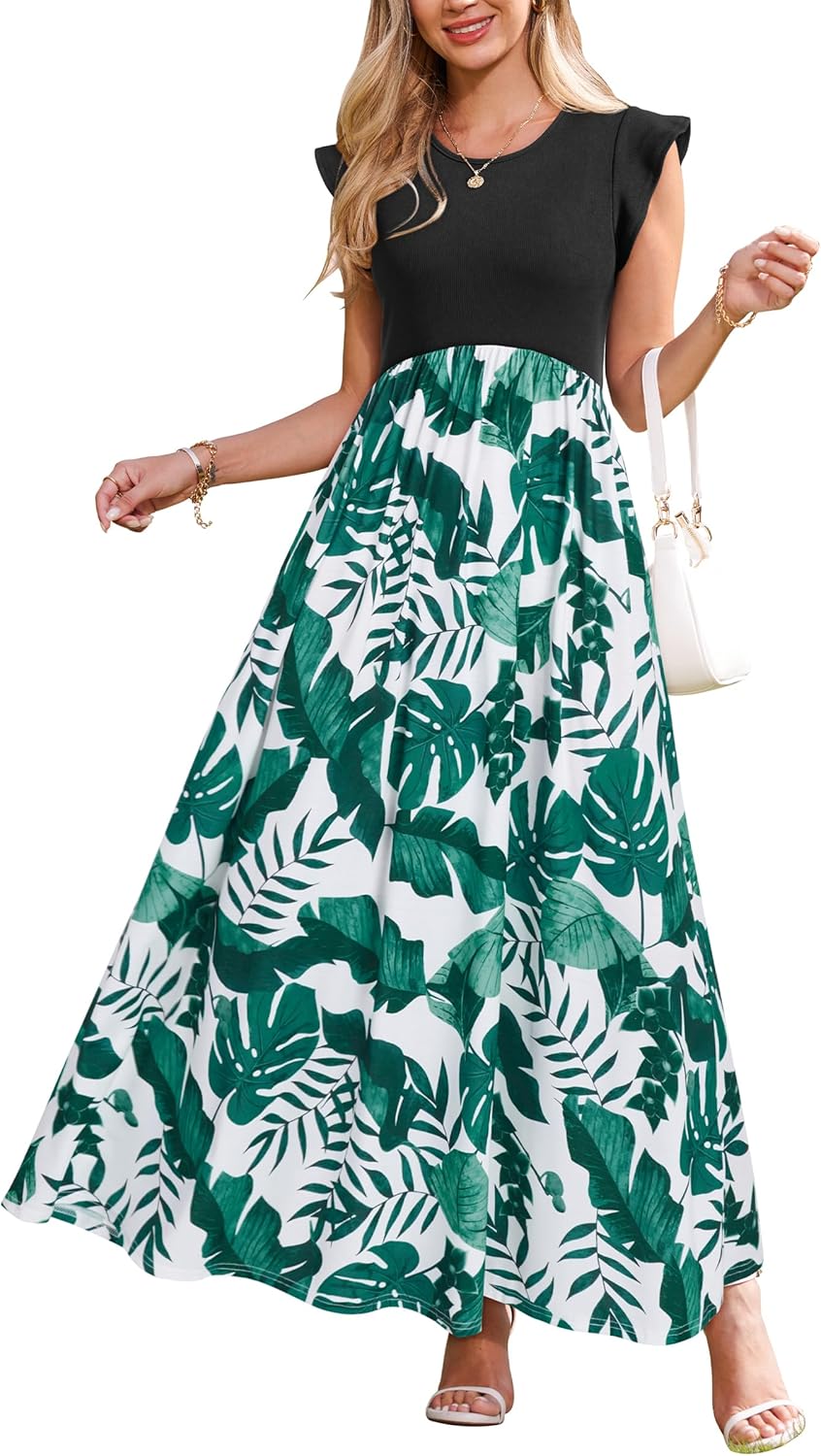OUGES Women Maternity Sleeveless Maxi Dress with Pockets
