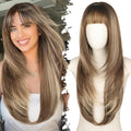 Long Ombre Light Brown and Blonde Wig with Bangs for Women