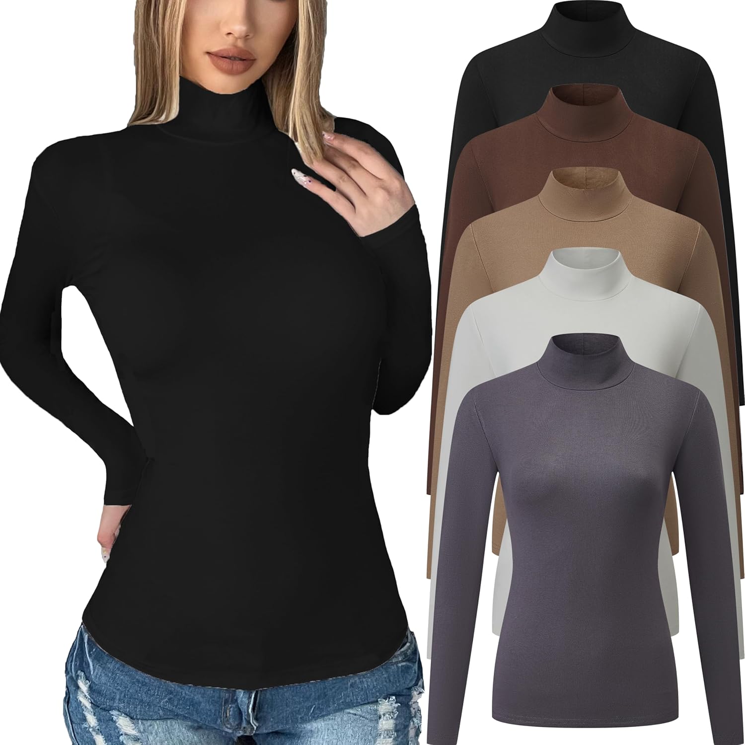 5 Pack Womens Long Sleeve Tops Mock Turtleneck for Fall Style