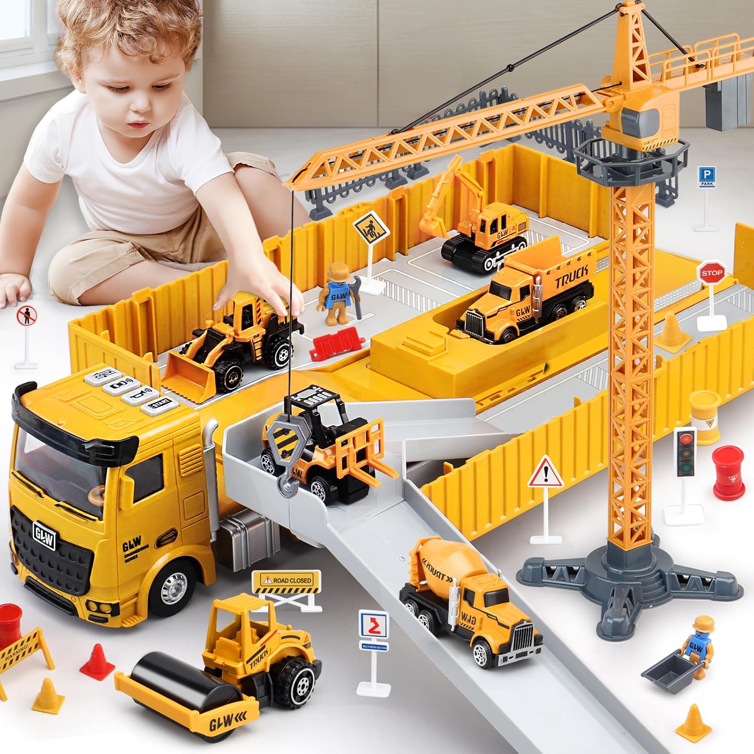 Kids Construction Toys Set with Crane, Excavator, and More