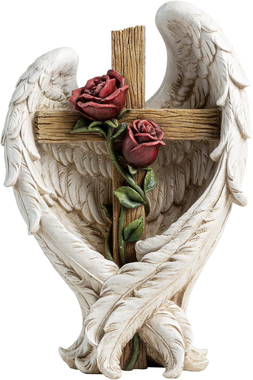 12 in Angel Wings Embracing Cross and Rose Garden Statue