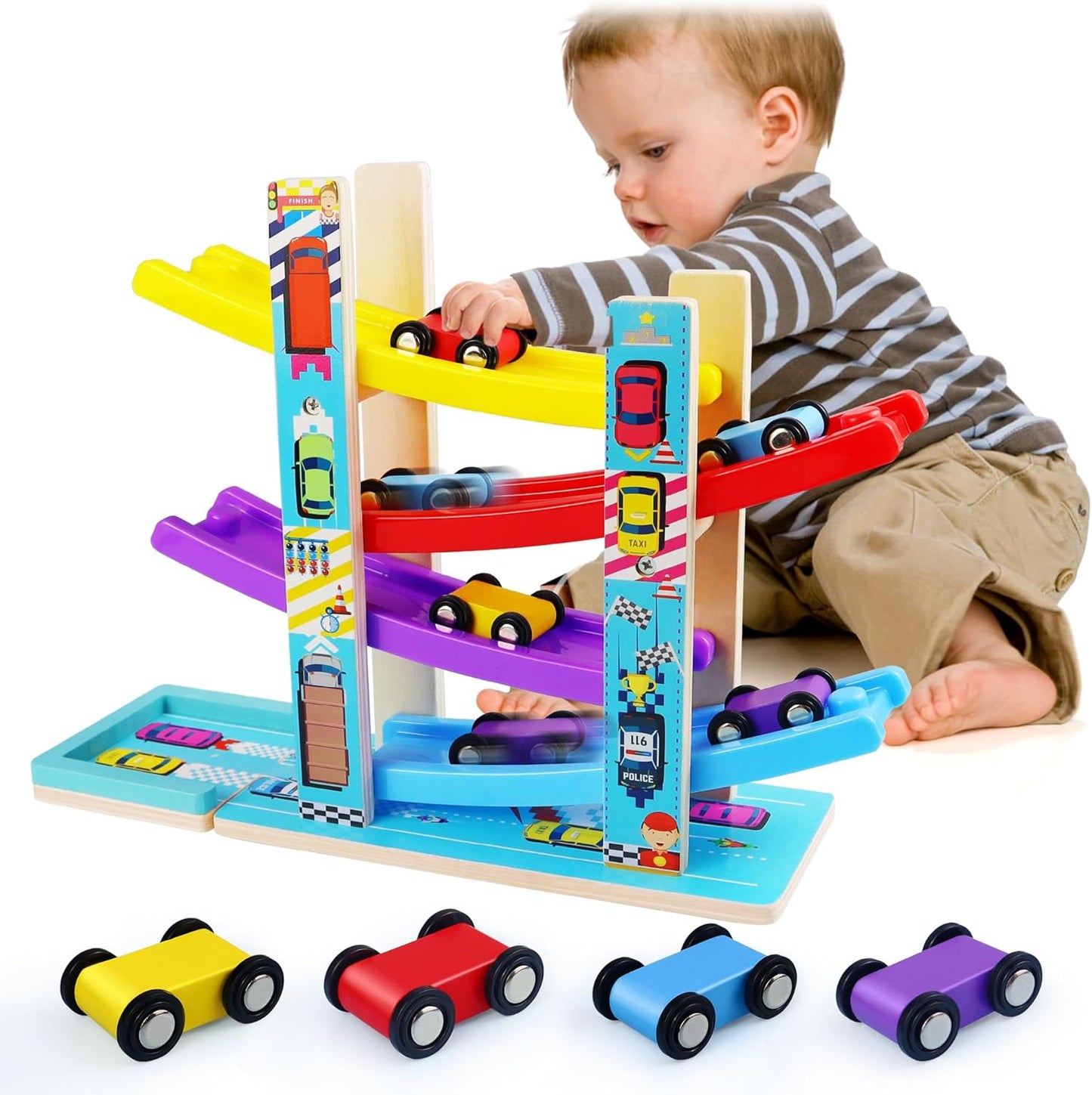 Montessori Race Car Set: 4 Cars, Wooden Ramp & Parking - Heirio