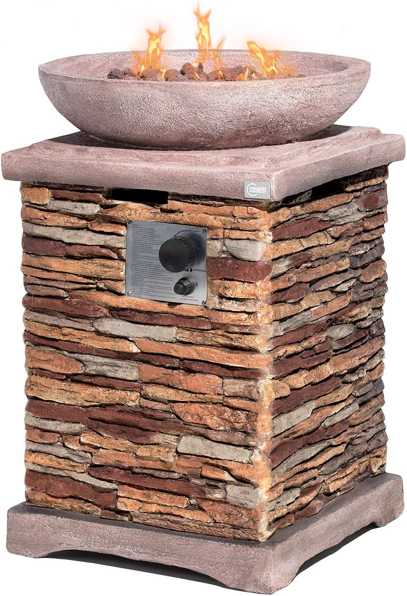 COSIEST Outdoor Propane Fire Pit Table with Faux Stone Design