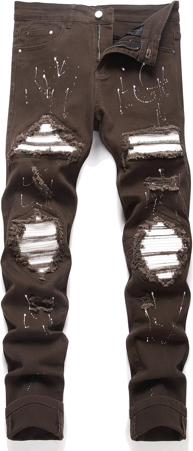 Men's Ripped Patch Elastic Jeans for Fashionable Slim Fit Style