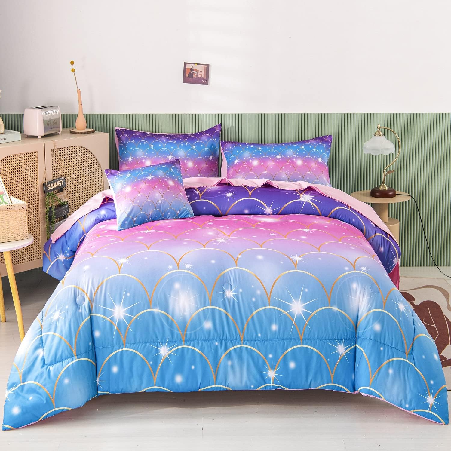 6Pcs Teal Pink Sparkle Mermaid Comforter Sets Full Size Review