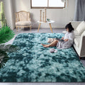Fluffy Peacock Blue Rug 5x8 ft - Soft Plush Shaggy Tie-Dyed Teal