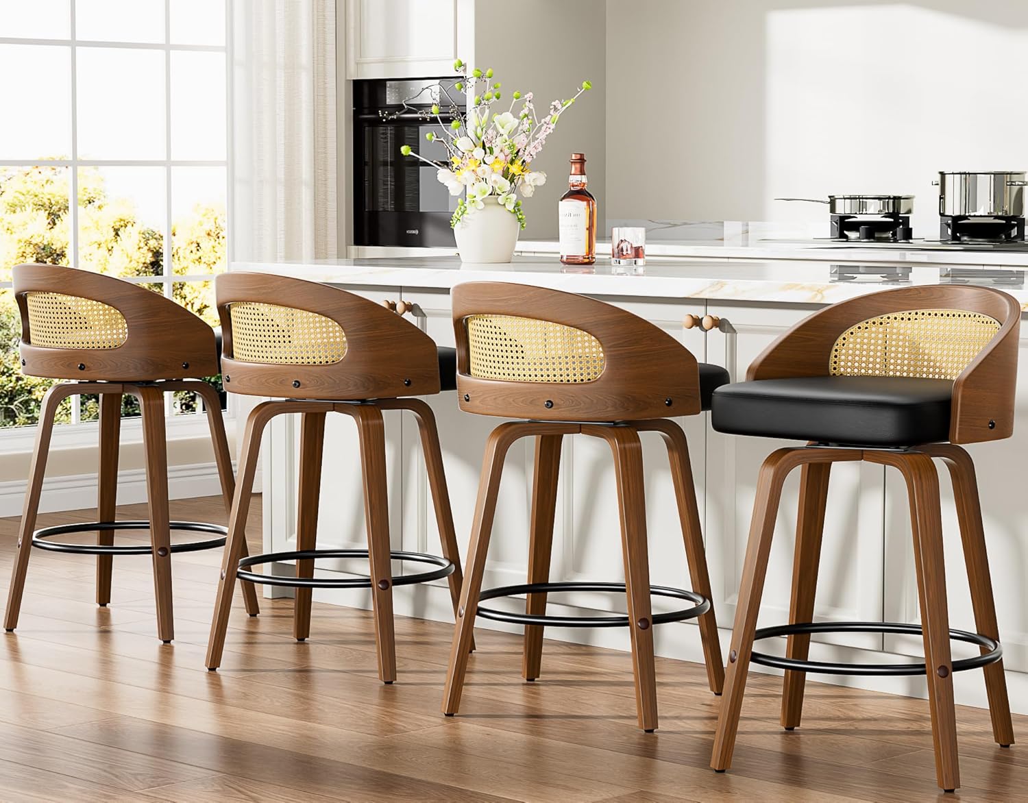 Swivel Bar Stools Set of 4, 26in Upholstered Faux Leather