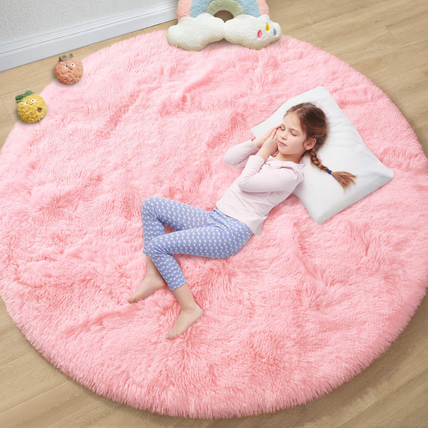 EVOIONOS Pink Round Rug for Bedroom, Soft Fluffy Area Rug