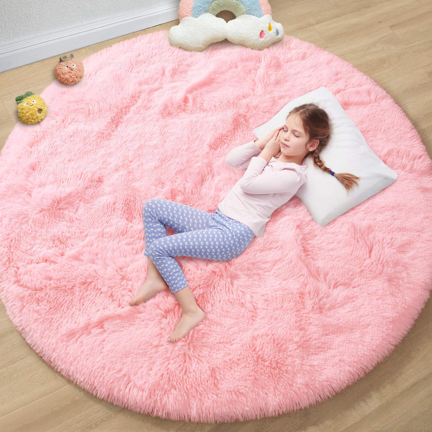 EVOIONOS Pink Round Rug for Bedroom, Soft Fluffy Area Rug