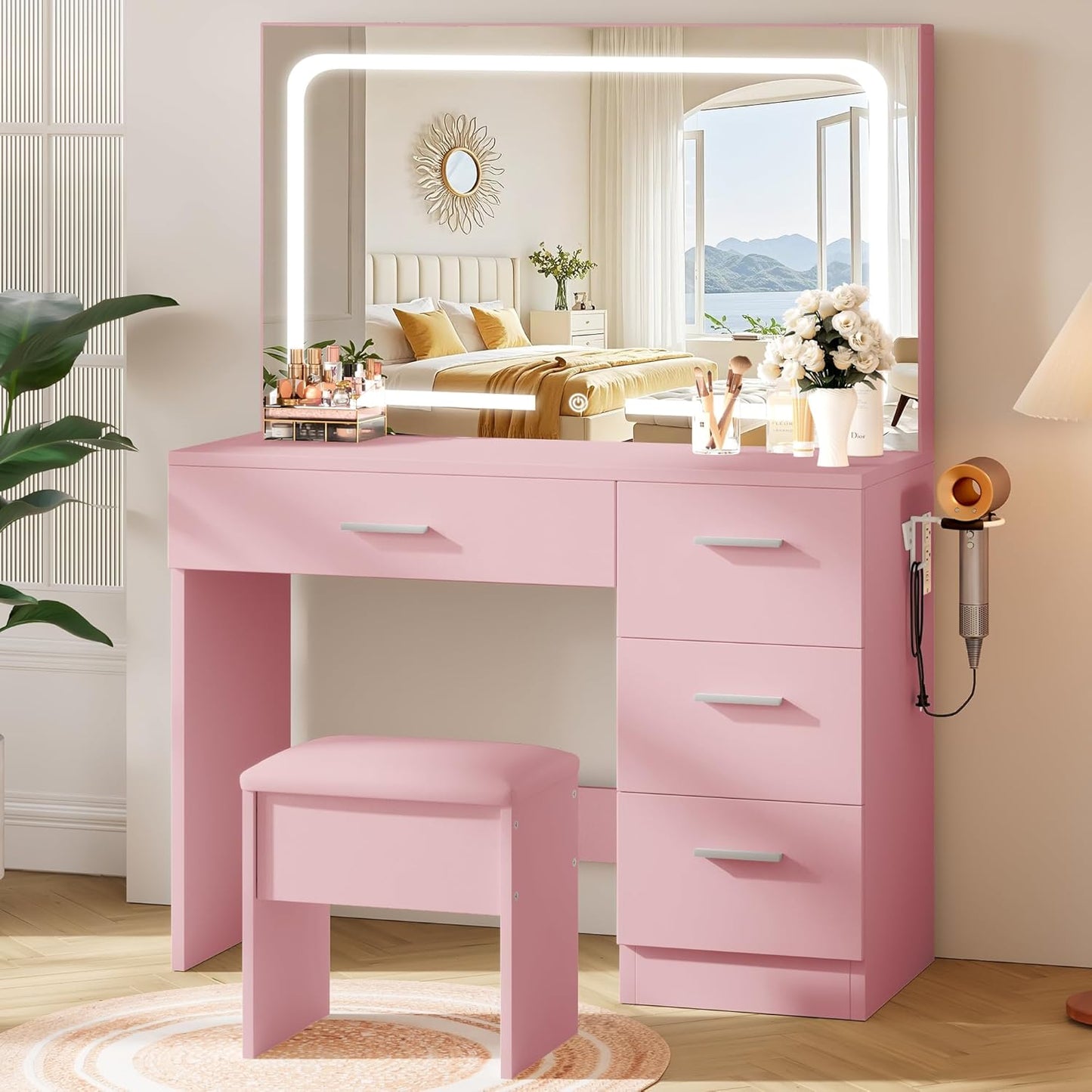 Makeup Vanity Desk Set with LED Mirror and Cushion Stool