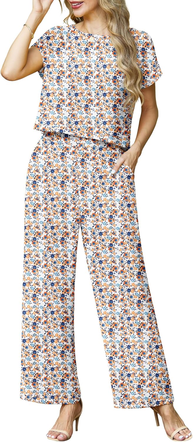Lepunuo 2 Piece Sets for Women Summer Cap Sleeve Crop Top