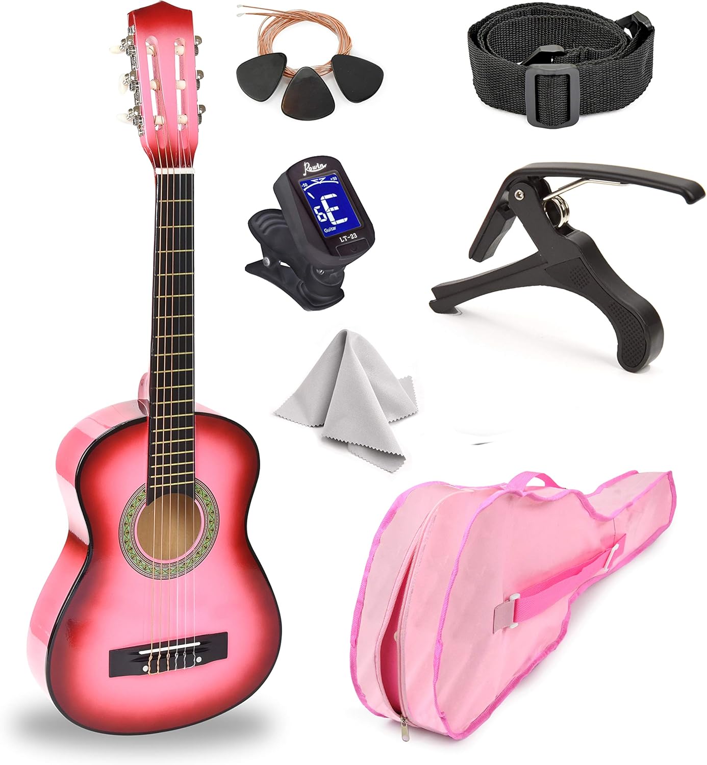 30in Wood Guitar for Kids with Case and Accessories - Pink Gradient