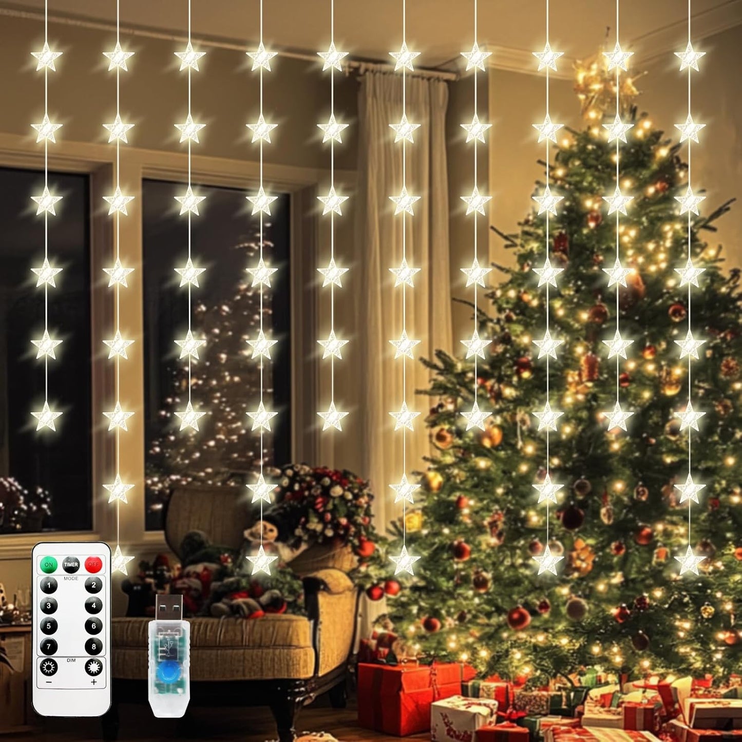 Fairy Star Curtain Lights - Remote Controlled Warm Glow