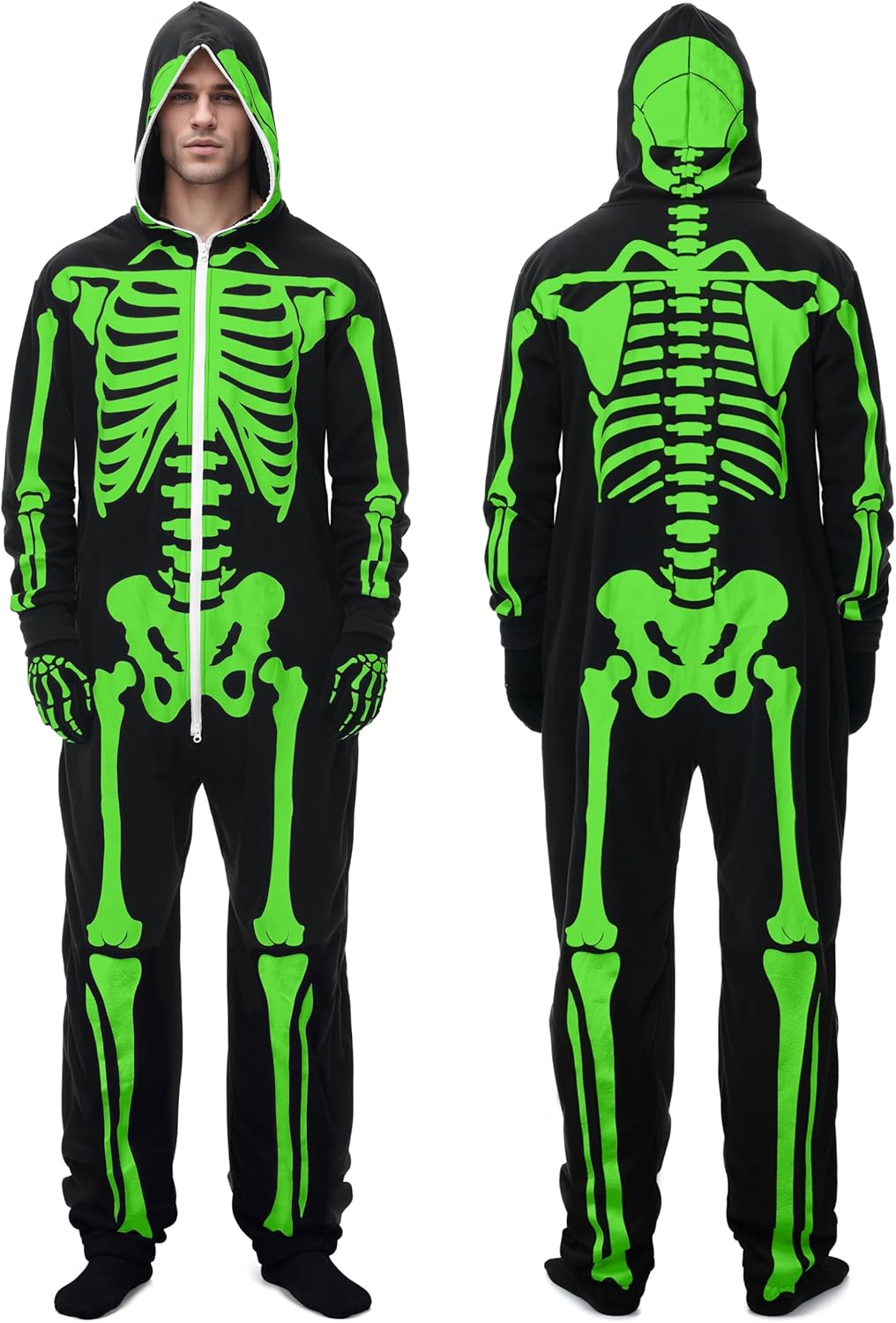 Glow in Dark Skeleton Costume for Men with Zip Up Mask Outfit