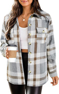 Womens Flannel Plaid Shacket Jacket Button Down Cropped Trench - Cozy
