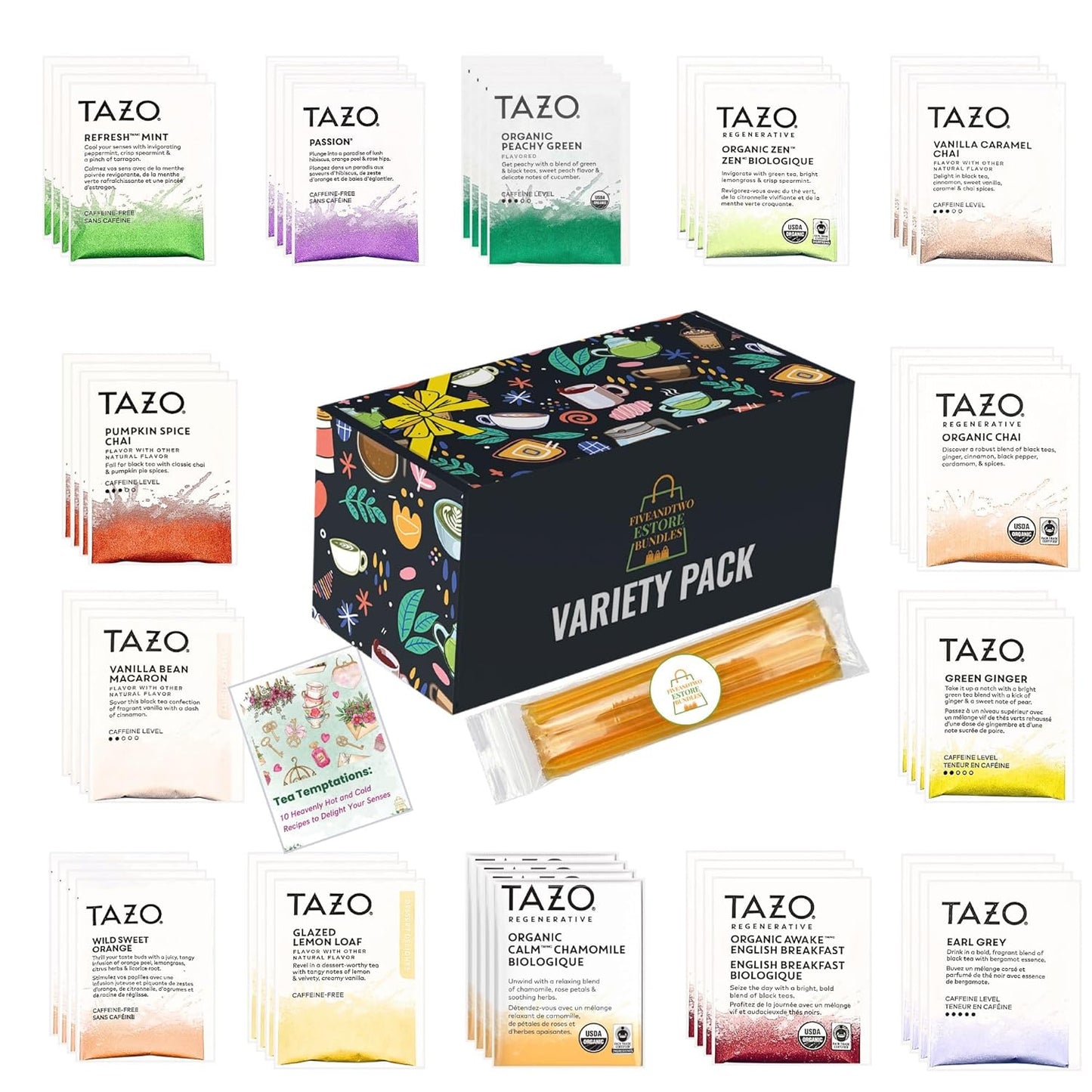 56-Piece Tea Sampler Gift Set for Tea Lovers with Honey Sticks