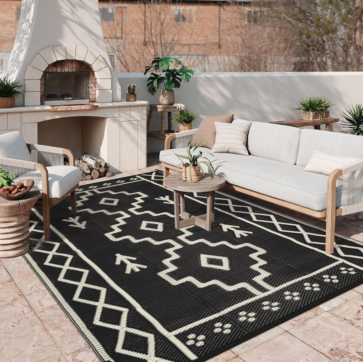 Uphome Outdoor Rugs 8x10 Waterproof Reversible Black Boho Mat