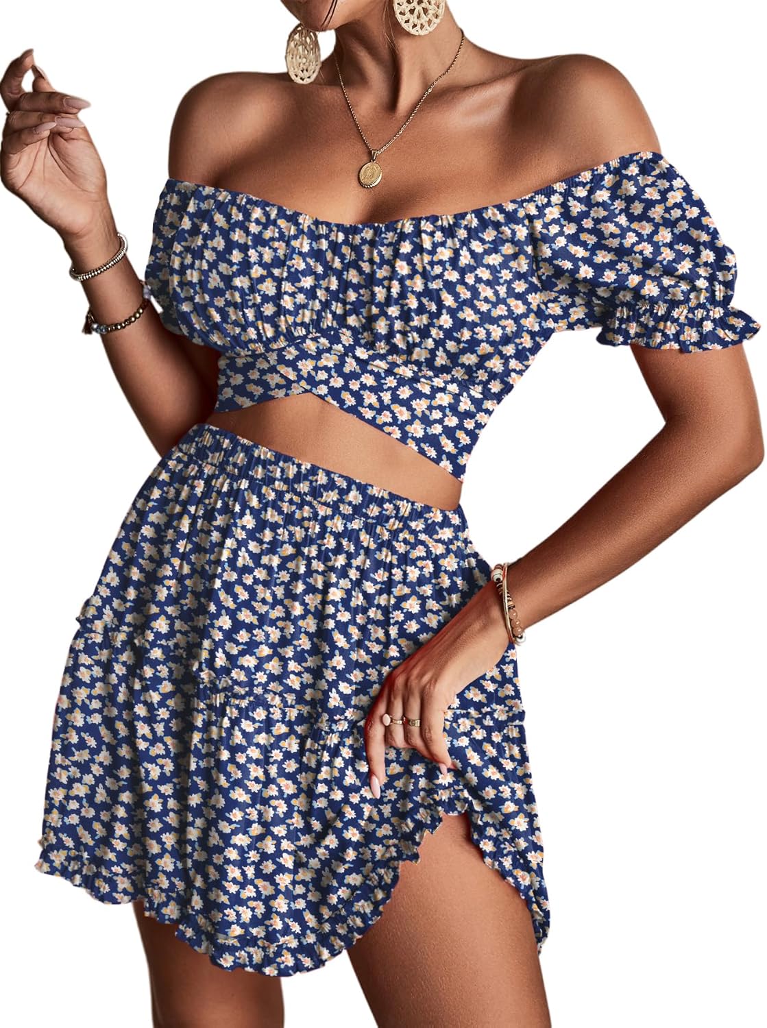 LYANER Women's Floral Off Shoulder Crop Top and Mini Skirt Set