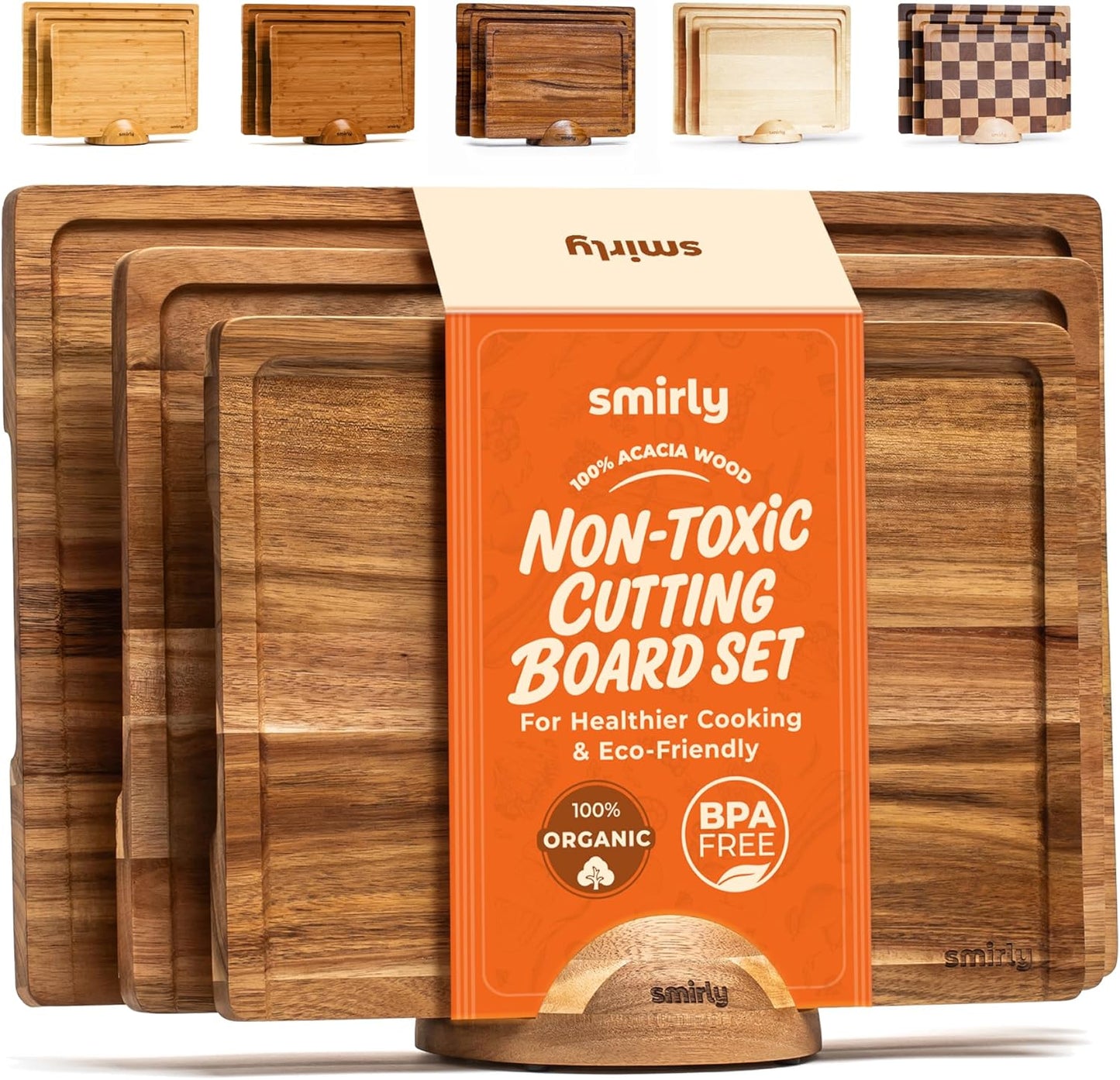 SMIRLY Wood Cutting Boards Set for Kitchen Meal Prep & Serving