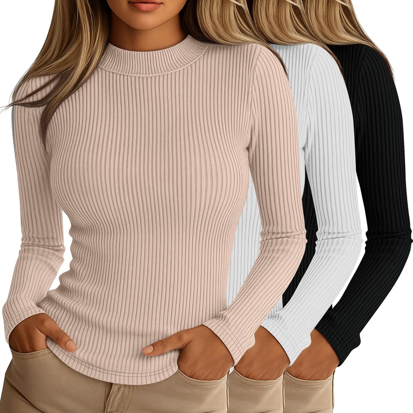 Riyiper 3 Pack Women's Ribbed Mock Turtleneck Long Sleeve Tops