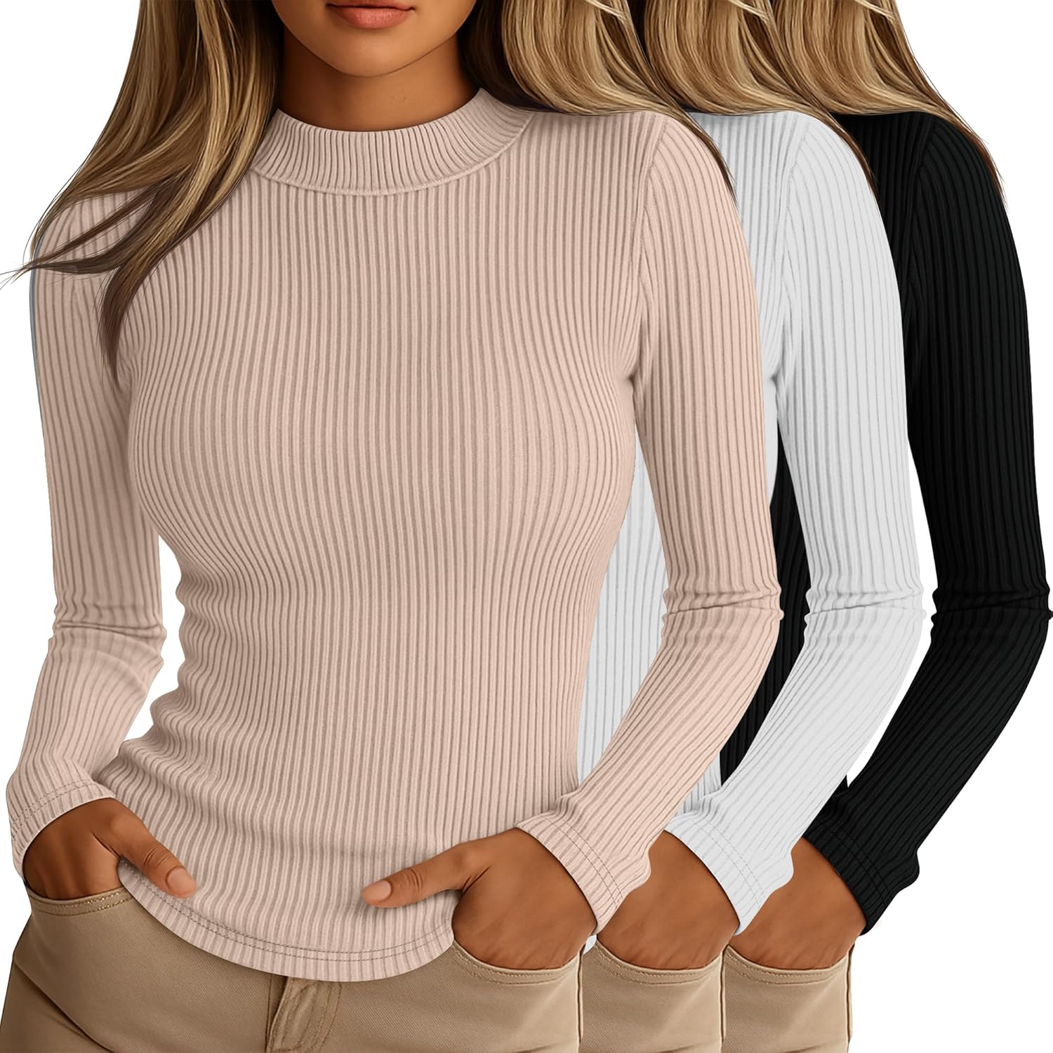 Riyiper 3 Pack Women's Ribbed Mock Turtleneck Long Sleeve Tops